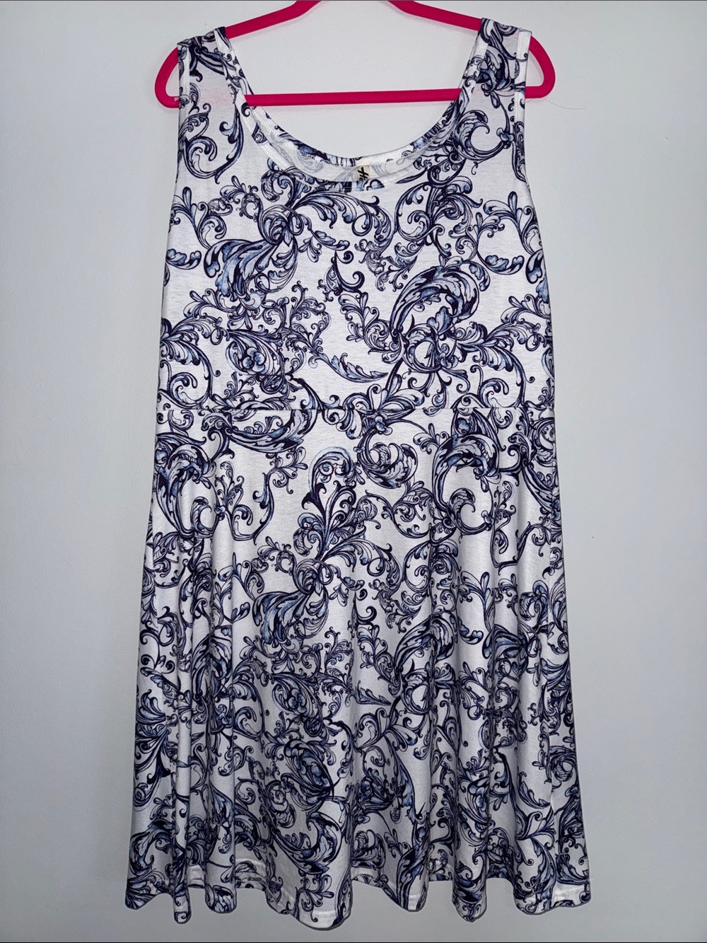 Navy Blue Scroll-Print White High-Low Dress